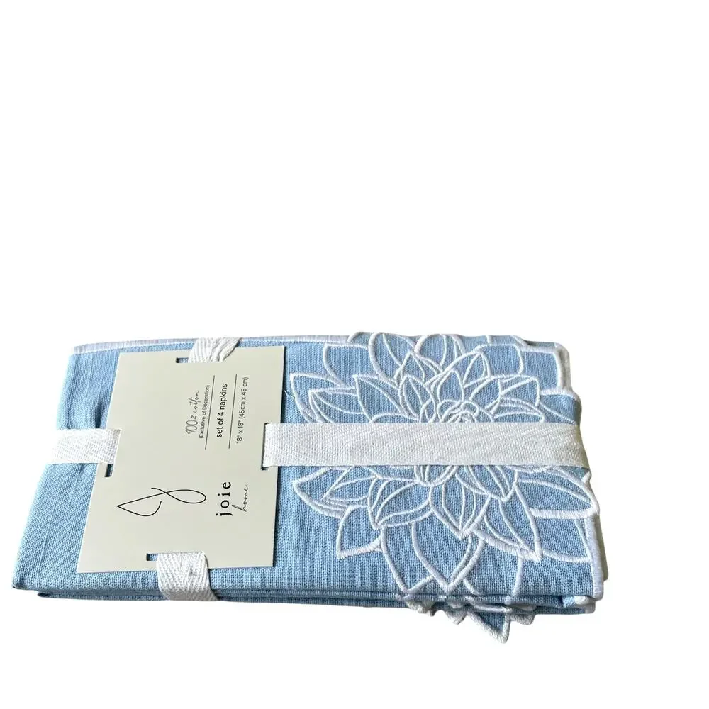 J JOIE Embroidered Flower Napkins 18x18 Pastel Blue & White Cotton Set of 4 NEW